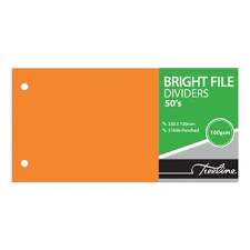 Bright File Dividers Continued Bright File Dividers 230 x 120mm - 2 Hole Punched. Pack 50's Orange Each